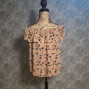 Lily White Pink Floral‎ Off The Shoulder Ruffle Blouse